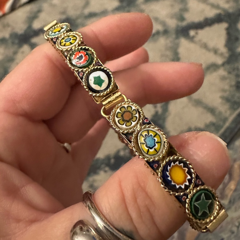 Bracelet Vintage En Micro Mosaïque Millefiori - Monture Dorée - Occasion - Fermoir Crochet